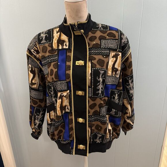 Vital Elements Black Gold Button Abstract Bomber Jacket 90s Retro Medium Giraffe - Picture 1 of 16
